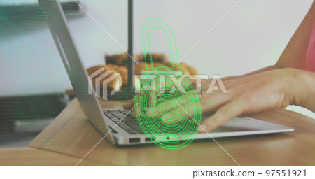 Image of biometric fingerprint padlock, data processing over woman using laptop 97551921