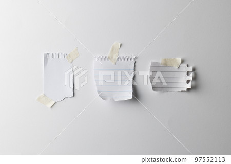 White sticky memo notes with copy space on white background 97552113