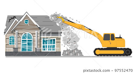 Demolition of a building. Destruction of the house with the help of an excavator. Dismantling of an old building. 97552470