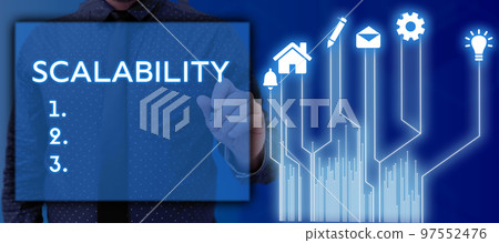 Text sign showing Scalability. Business showcase capable of being easily expanded or upgraded on demand Text sign showing Scalability. Business showcase capable of being easily expanded or upgraded on demand 97552476
