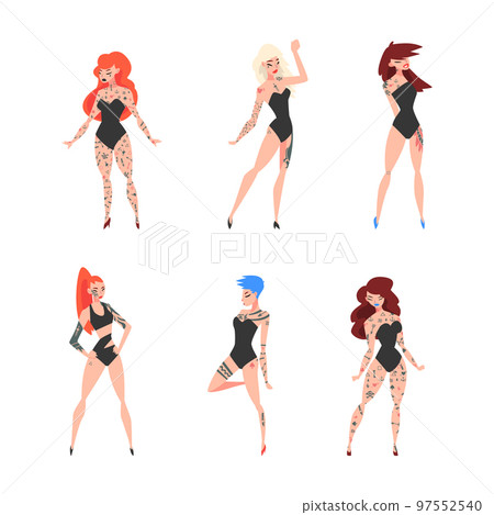 Tattooed or Inked Woman in Standing Pose Vector Set 97552540