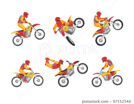 Freestyle Motocross with Motorcycle Rider Performing Jumps and Stunt Vector Set Freestyle Motocross with Motorcycle Rider Performing Jumps and Stunt Vector Set 97552548
