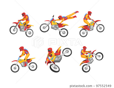 Freestyle Motocross with Motorcycle Rider Performing Jumps and Stunt Vector Set Freestyle Motocross with Motorcycle Rider Performing Jumps and Stunt Vector Set 97552549