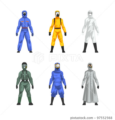 Man in Hazmat Suit as Personal Protective Equipment with Impermeable Garment Vector Set 97552568