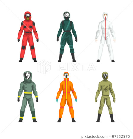 Man in Hazmat Suit as Personal Protective Equipment with Impermeable Garment Vector Set Man in Hazmat Suit as Personal Protective Equipment with Impermeable Garment Vector Set 97552570