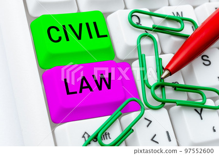 Conceptual caption Civil Law. Business overview Law concerned with private relations between members of community Conceptual caption Civil Law. Business overview Law concerned with private relations between members of community 97552600