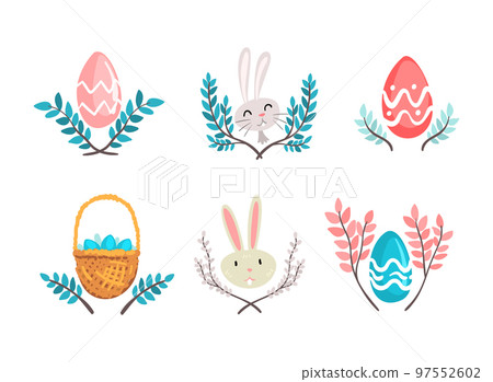 Funny Easter Bunny with Long Ears and Grey Coat with Decorated Eggs Vector Set 97552602