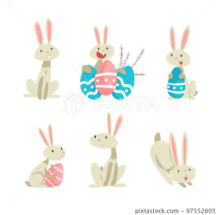 Funny Easter Bunny with Long Ears and Grey Coat with Decorated Eggs Vector Set 97552605