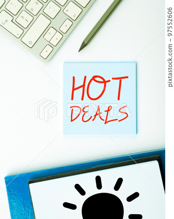 Handwriting text Hot Deals. Business approach An agreement through which one of the paties is offered and accept Handwriting text Hot Deals. Business approach An agreement through which one of the paties is offered and accept 97552606