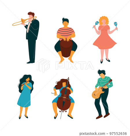 Man and Woman Musician Instrumentalist Performing Music Playing Musical Instrument Vector Set 97552636