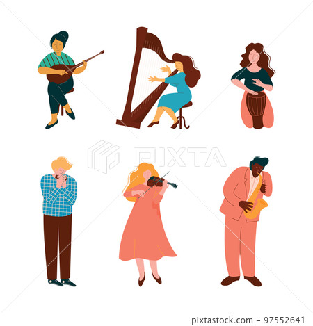 Man and Woman Musician Instrumentalist Performing Music Playing Musical Instrument Vector Set 97552641