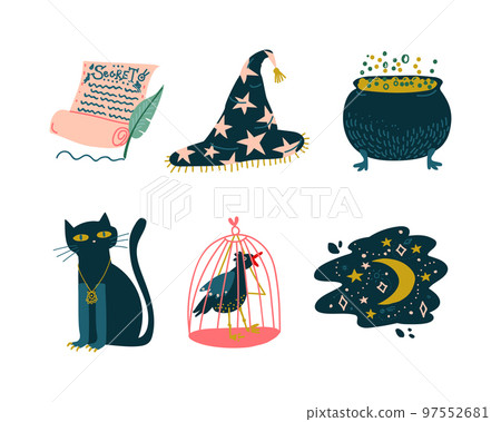 Witchcraft Object with Black Cat, Bird in Cage, Cauldron, Witch Hat and Scroll for Spells and Performing Magical Rituals Vector Set. 97552681