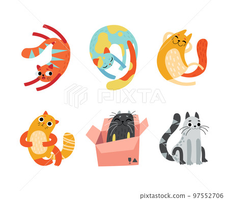 Cute Bright Whiskered Cat as Furry Domestic Pet Playing and Sitting in Cardboard Box Vector Set 97552706