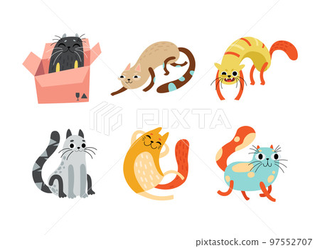 Cute Bright Whiskered Cat as Furry Domestic Pet Playing and Sitting in Cardboard Box Vector Set 97552707