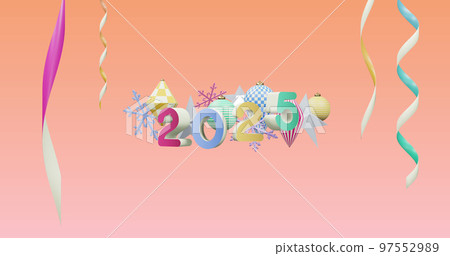 Image of 2025 number over new year and christmas decorations on pink background 97552989