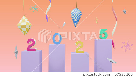 Image of 2025 number over new year and christmas decorations on pink background 97553106