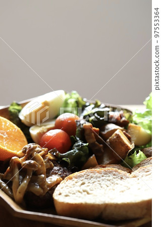 Mushroom hamburger steak, rye bread and plenty of vegetables on a plate lunch Mushroom hamburger steak, rye bread and plenty of vegetables on a plate lunch 97553364