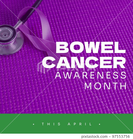 Composition of bowel cancer awareness month text over stethoscope and cancer ribbon Composition of bowel cancer awareness month text over stethoscope and cancer ribbon 97553756