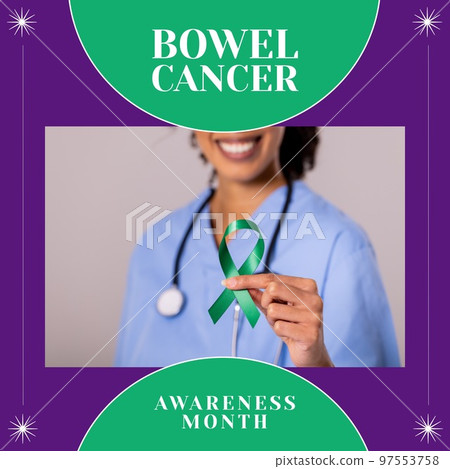 Composition of bowel cancer awareness month text over biracial female doctor with cancer ribbon Composition of bowel cancer awareness month text over biracial female doctor with cancer ribbon 97553758