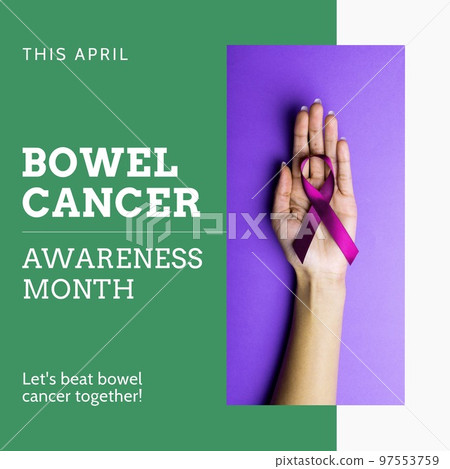 Composition of bowel cancer awareness month text over hand with cancer ribbon Composition of bowel cancer awareness month text over hand with cancer ribbon 97553759