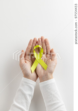 Vertical of hands holding light green std awareness ribbon on white background with copy space Vertical of hands holding light green std awareness ribbon on white background with copy space 97554433