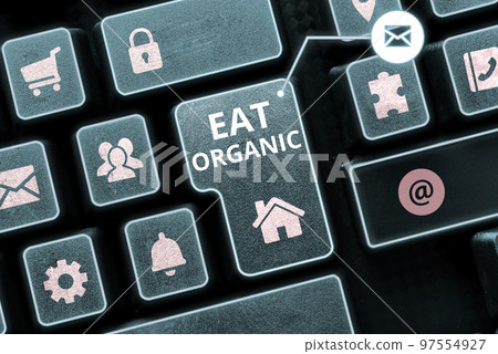 Writing displaying text Eat Organic. Business concept Reduction of eating sweets Diabetic control dieting Writing displaying text Eat Organic. Business concept Reduction of eating sweets Diabetic control dieting 97554927