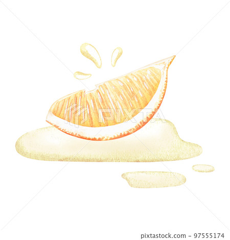 Slice with lemon juice. Watercolor illustration. Isolated on a white background. For your design recipes, kitchen utensils, product packaging with citrus acid or scent, crockery prints Slice with lemon juice. Watercolor illustration. Isolated on a white background. For your design recipes, kitchen utensils, product packaging with citrus acid or scent, crockery prints 97555174