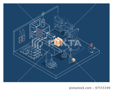 3D isometric automated warehouse robots and Smart warehouse technology Concept with Warehouse Automation System and Robot Transportation operation service. Vector illustration EPS 10 3D isometric automated warehouse robots and Smart warehouse technology Concept with Warehouse Automation System and Robot Transportation operation service. Vector illustration EPS 10 97555399