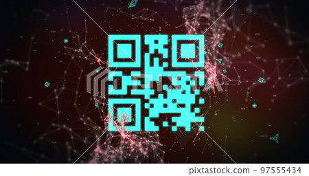 Image of a blue QR code with webs of connection over blue graph appearing Image of a blue QR code with webs of connection over blue graph appearing 97555434