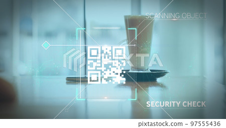 Image of a white QR code scanning over a cup of caffe latte standing Image of a white QR code scanning over a cup of caffe latte standing 97555436