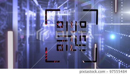 QR code scanner with neon elements against empty server room QR code scanner with neon elements against empty server room 97555484