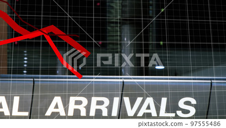 Red graph, showing economical crisis on a grid over an airport Red graph, showing economical crisis on a grid over an airport 97555486
