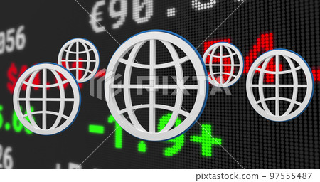 Image of stock exchange financial data processing and white globes Image of stock exchange financial data processing and white globes 97555487