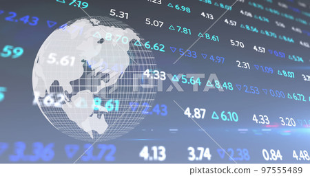 Image of stock exchange financial data processing over globe spinning 97555489