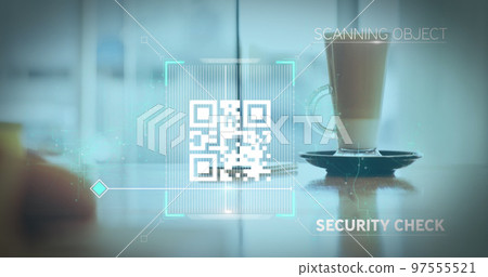 Image of a white QR code scanning over a cup of caffe latte standing Image of a white QR code scanning over a cup of caffe latte standing 97555521