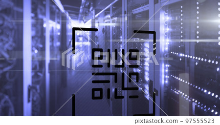 QR code scanner with neon elements against empty server room 97555523