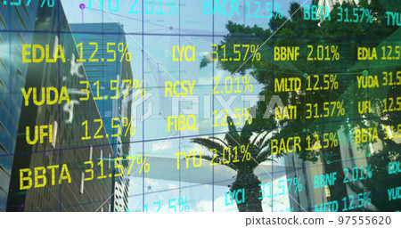 Financial data over city buildings. 97555620