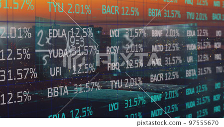 Financial data and mathematic equations over city. 97555670