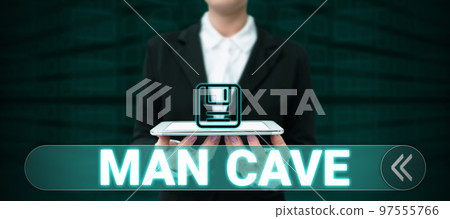Text caption presenting Man Cave. Concept meaning a room, space or area of a dwelling reserved for a male person Text caption presenting Man Cave. Concept meaning a room, space or area of a dwelling reserved for a male person 97555766