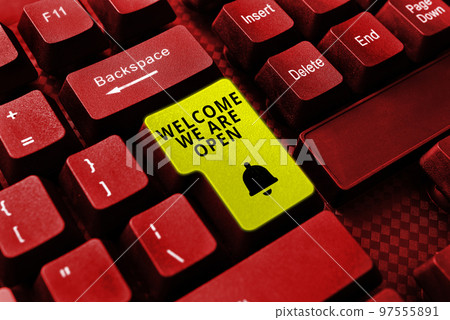 Conceptual caption Welcome We Are Open. Word Written on Greeting making part of a work group new people Conceptual caption Welcome We Are Open. Word Written on Greeting making part of a work group new people 97555891