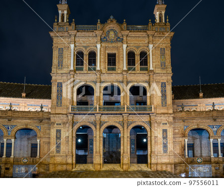 Night view of the Plaza de Espana Spanish Square in Sevilla Spain 97556011