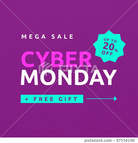 Square picture of cyber monday mega sale free gift text over purple background 97556290