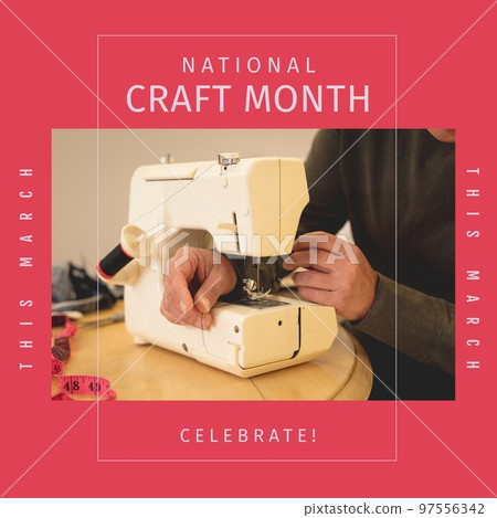 Composition of national craft month text and man using sewing machine in workshop 97556342