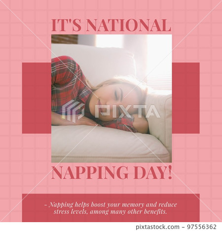 Composition of national napping day text with caucasian woman sleeping 97556362