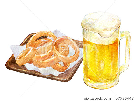 Draft beer and onion rings watercolor illustration 97556448