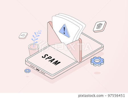 Email Spam messages concept. Irrelevant unsolicited malicious software, spam distribution, malware spreading virus, scam, fraud e-mail message with envelope flat design outline isometric illustration Email Spam messages concept. Irrelevant unsolicited malicious software, spam distribution, malware spreading virus, scam, fraud e-mail message with envelope flat design outline isometric illustration 97556451