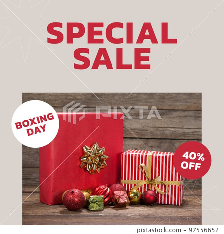 Composition of boxing day text over red presents Composition of boxing day text over red presents 97556652