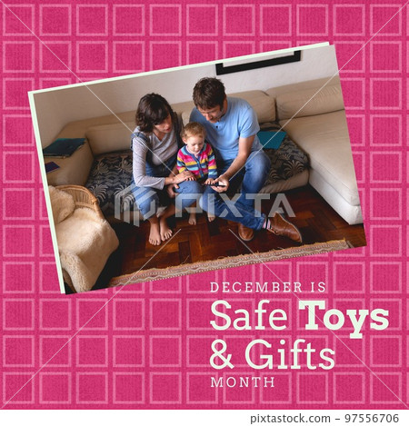 Square image of safe gifts and toys text with caucasian parents and baby picture over pinkbackground Square image of safe gifts and toys text with caucasian parents and baby picture over pinkbackground 97556706