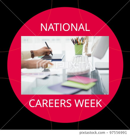 Composition of national careers week text over man using graphic tablet 97556991
