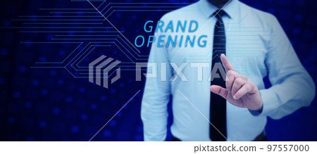 Hand writing sign Grand Opening. Business showcase Ribbon Cutting New Business First Official Day Launching Hand writing sign Grand Opening. Business showcase Ribbon Cutting New Business First Official Day Launching 97557000